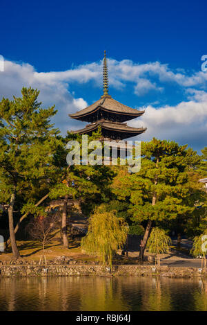 View of the Kofuku Temple Five Storied Pagoda with Sarusawa Pond in the ancient city of Nara Stock Photo