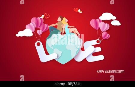 Valentines day card with couple sitting on earth globe heart shaped in big letters LOVE on red sky background. Vector paper art illustration. Paper cut style. Stock Vector