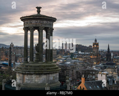 View from Calton Hill at sunset with Dugald Stewart monument, Edinburgh, Scotland, UK Stock Photo