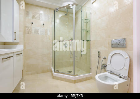 Bright bathroom interior with glass shower and toilet Stock Photo