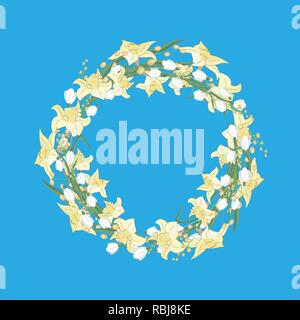 Spring wreath of daffodils and snowdrops on blue background 10 eps Stock Vector