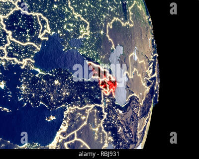 Satellite view of Caucasus region at night with visible bright city lights. Extremely fine detail of the plastic planet surface. 3D illustration. Elem Stock Photo