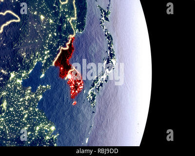 Satellite night view of South Korea highlighted in red on planet Earth ...