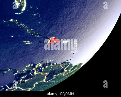 Dominican Republic from space on model of Earth at night. Very fine detail of the plastic planet surface and visible bright city lights. 3D illustrati Stock Photo