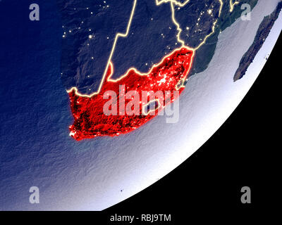 South Africa from space on model of Earth at night. Very fine detail of the plastic planet surface and visible bright city lights. 3D illustration. El Stock Photo