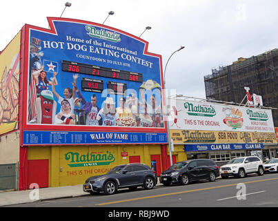 Nathans Handwerker Famous Hotdog Frankfurters Hotdog eating contest, Coney Island, Borough of Brooklyn, New York, NY, USA Stock Photo