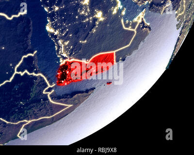 Yemen from space on model of Earth at night. Very fine detail of the plastic planet surface and visible bright city lights. 3D illustration. Elements  Stock Photo