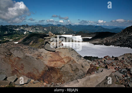 WA15732-00...WASHINGTON - A rock cairn marking the route from Spray Park to Echo Rock in Mount Rainier National Park. Stock Photo