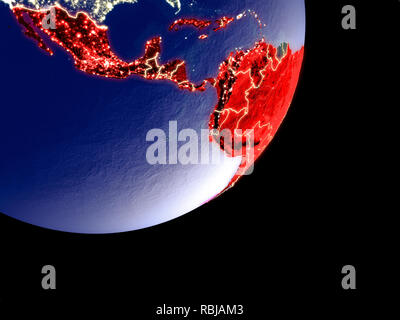 Latin America from space on model of Earth at night. Very fine detail of the plastic planet surface and visible bright city lights. 3D illustration. E Stock Photo