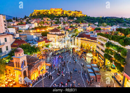 Athens, Greece -  Night image with Athens from above, Monastiraki Square and ancient Acropolis. Stock Photo
