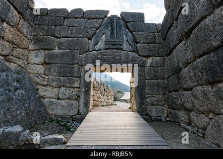 The famous Lion Gate, the main entrance of the Citadel at the archaeological site of Mycenae in Peloponnese, Greece Stock Photo