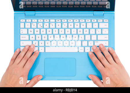 Open blue laptop with english keyboard and woman’s hands on it, top view Stock Photo