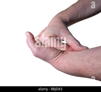 Man cracking knuckles in right hand Stock Photo