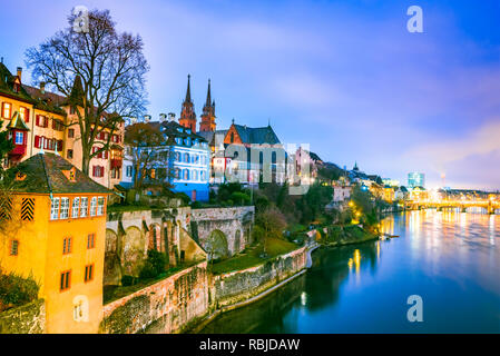 Basel, Switzerland. Rhine River and Munster Cathedral, Swiss Confederation medieval city. Stock Photo