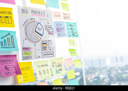Sharing ideas concepts with papernote writing strategy on wall glass office.Business marketing and communication Stock Photo