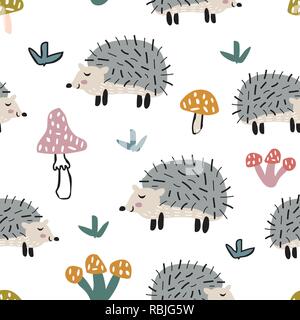 Childish seamless pattern with cute hedgehog and mushrooms. Creative texture for fabric Stock Vector