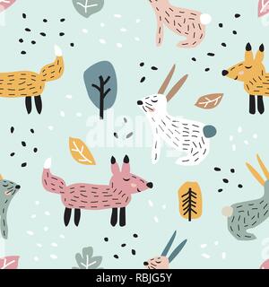 Childish seamless pattern with cute bunny and fox. Creative texture for fabric Stock Vector
