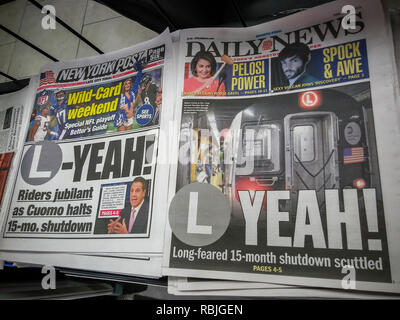 New York tabloid newspapers report on Friday, January 4, 2019 about the previous days announcement by NYS Gov. Andrew Cuomo of the finding of an alternative way to repair the Canarsie tunnel damaged by Hurricane Sandy. Travelers on the L train had faced a 15 month shutdown disrupting their commute. (Â© Richard B. Levine) Stock Photo