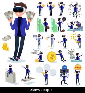 A set of men wearing virtual reality goggles with concerning money and economy.There are also actions on success and failure.It's vector art. Stock Vector