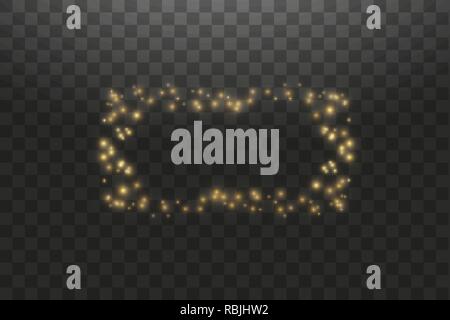 Golden frame with lights effects,Shining luxury banner vector illustration. Glow line golden frame with sparks and spotlight light effects. Shining rectangle banner isolated on black transparent background Stock Vector