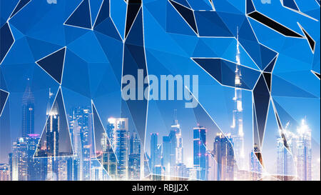 Blue Polygonal Lines In Front Of Illuminated Dubai Skyline At Night Stock Photo