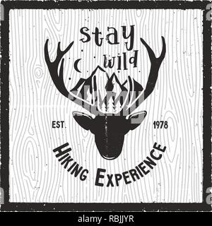 Adventure poster - Stay Wild hiking experience quote design. Old school hand drawn t shirt print apparel graphics. Typographic custom text. Textured stamp effect. Vintage style vector Illustration Stock Vector