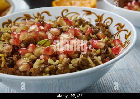 Mujadara, Lentils and Rice with Crispy Onions, Middle Eastern cuisine Levant, Traditional assorted dishes, Top view Stock Photo