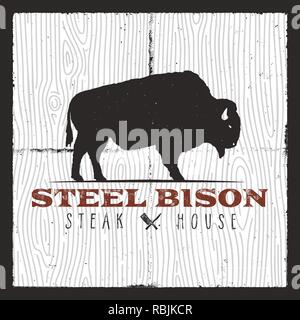Steak House logo. Vintage typography design with bison and bbq kitchen knives. Retro vector emblem, illustration logo or poster. Good for t-shirt, apparel, prints Stock Vector