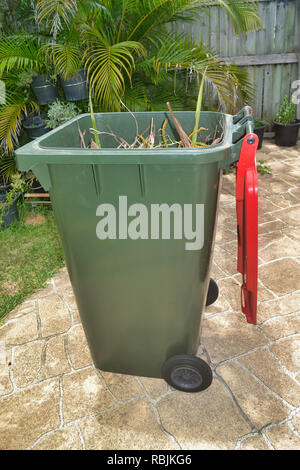 rubbish bin in backyard filled with plant clippings / garden waste Stock Photo