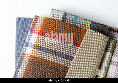 Bright collection of colorful gunny textile samples. Fabric texture background Stock Photo