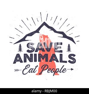 Funny camping logo - Save animals eat people quote. Mountain adventure emblem. Wilderness poster with bear, mountains, trees. Stock vector distressed tee design, print or poster Stock Vector