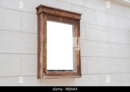 Wooden film advertising box mockup on modern wall facade. Isometric view. Stock Photo
