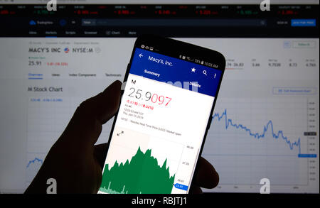 MONTREAL, CANADA - JANUARY 10, 2019: Marcys stock ticker on a cell phone screen over stock chart. Macy's is an American store chain founded in 1858 by Stock Photo