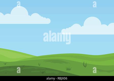 Vector illustration of fields landscape with a green hills, blue sky, and forest in flat style. Rural landscape. Vector illustration. Stock Vector