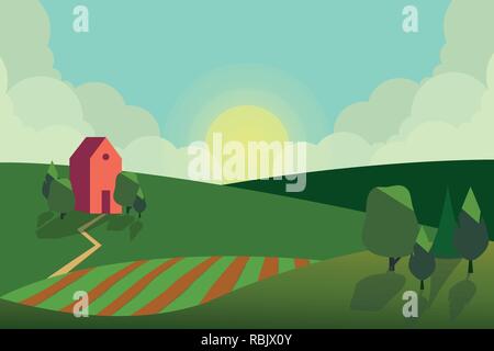 Vector illustration of fields landscape with a green hills, blue sky, and forest in flat style. Rural landscape. Vector illustration. Stock Vector