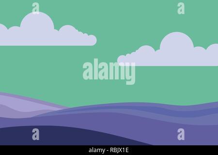 Vector illustration of fields landscape with a green hills, blue sky, and forest in flat style. Rural landscape. Vector illustration. Stock Vector