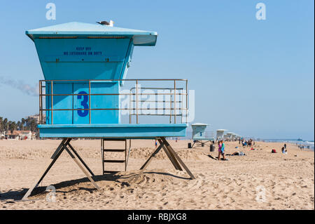 Lifeguard towers beach scene on Huntington beach in southern California Stock Photo