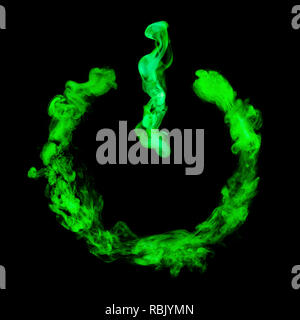 on sign button from green colorful smoke isolated on black background Stock Photo
