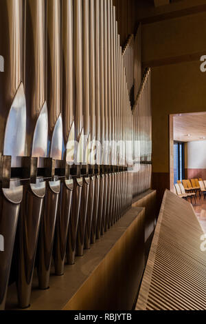 Turin, Italy – April 10, 2011: Church of the Holy Face. Detail of the pipe organ. The church was designed by architect Mario Botta where large industr Stock Photo