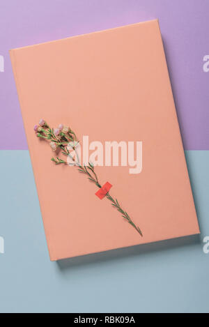 Small white flower attached of a pink notebook. Above view with blank notepad on a bicolored background Stock Photo