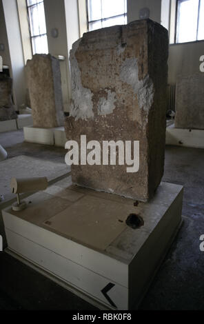 15th March 1993 During the Siege of Sarajevo: damage to an stone exhibit inside the National Museum of Bosnia and Herzegovina. Stock Photo