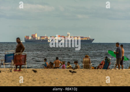 2019, january. Rio de Janeiro, Brazil.Mediterranean Shipping Company ship MSC near the beach in Copacabana. Stock Photo