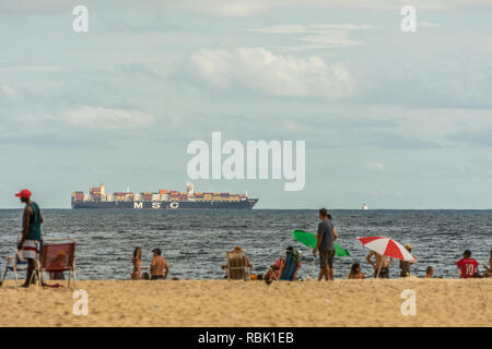 2019, january. Rio de Janeiro, Brazil.Mediterranean Shipping Company ship MSC near the beach in Copacabana. Stock Photo