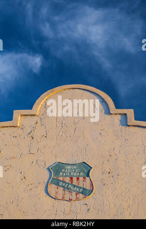 Union Pacific Railroad logo on the mission revival style Caliente Railroad Depot along Highway 93 in Nevada, USA Stock Photo