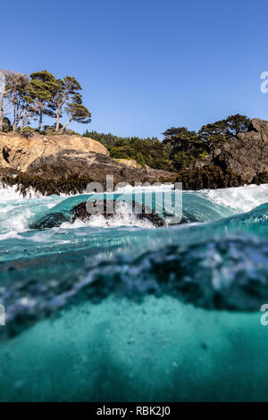 A wave breaks over a wash rock in Russian Gulch State Park. Stock Photo