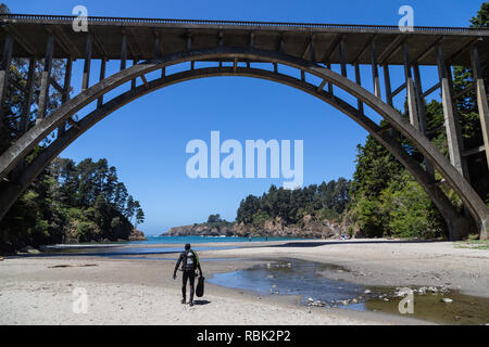 A scuba diver walks towards the ocean ready for adventure at Russian Gulch State Park in Mendocino County, California. Stock Photo