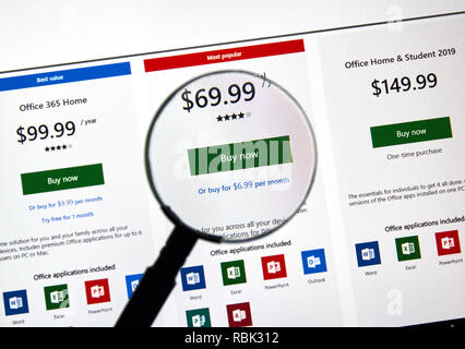 MONTREAL, CANADA - JANUARY 10, 2019: MIcrosoft Office 365 subscription plans. Office 365 is the brand name Microsoft uses for a group of subscriptions Stock Photo