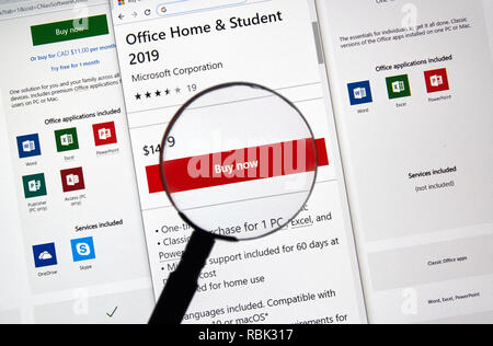 MONTREAL, CANADA - JANUARY 10, 2019: MIcrosoft Office 2019 buy page. Microsoft Office 2019 is the new version of Microsoft Office, a productivity suit Stock Photo