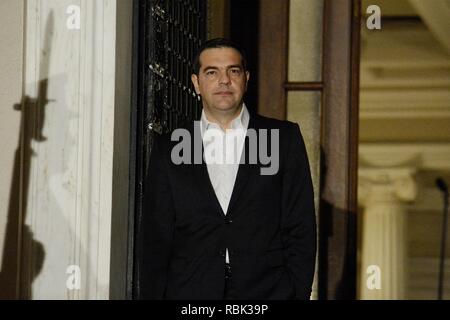 Greek Prime Minister, Alexis Tsipras seen waiting for the arrival of Chancellor Angella Merkel in Maximos Mansion. Stock Photo