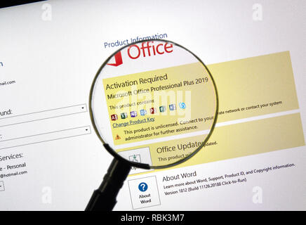 MONTREAL, CANADA - JANUARY 10, 2019: MIcrosoft Office 2019 activation screen. Microsoft Office 2019 is the new version of Microsoft Office, a producti Stock Photo